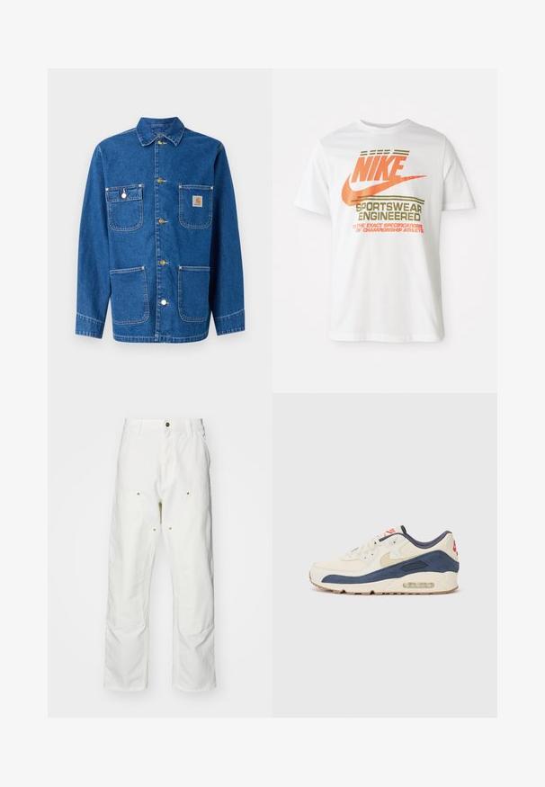 Jaqueta de ganga em azul profundo com mangas longas, fechamento frontal com botões, dois bolsos no peito e um logótipo no lado esquerdo do peito.; T-shirt de algodão branca com um grande logótipo laranja "NIKE" e texto verde que diz "SPORTSWEAR ENGINEERED" e especificações adicionais.; Calças cargo brancas em algodão com um corte descontraído. As características incluem bolsos frontais, detalhes em metal dourado e áreas de joelhos reforçadas.; Tênis com parte superior em couro creme e camurça azul-marinho, apresentando uma sola de ar visível, solado em borracha bege e um detalhe vermelho no calcanhar.