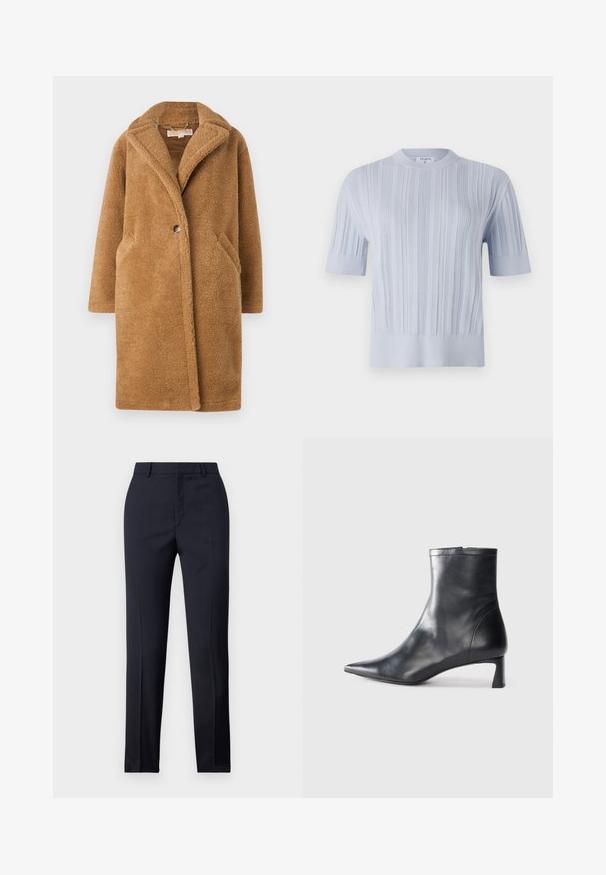 Brun plyschpälsjacka med notchad krage, stora framfickor, enknapplåsning och mjukt, texturerat yta.; Ljust blå kortärmad stickad topp med vertikal ribbad textur och rund halsringning. Tyget har subtila detaljer med en figurnära nederkant.; Marinblå skräddarsydda byxor med rak passform, med en slät textur, två framfickor och en ren midjeband.; Svart läder ankelboot med spetsig tå och en smidig design. Har en låg klack och en dragkedjestängning bak. Slät textur.