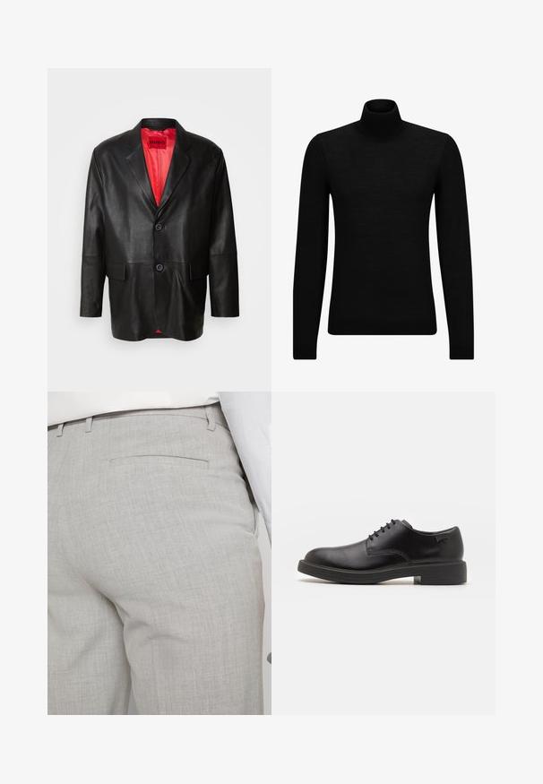 Juodas odinis švarkas su iškirptomis apykaklėmis, dviem priekiniais mygtukais ir dviem šoninėmis kišenėmis. Interjere yra ryškiai raudonas pamušalas.; Juodas aukšto kaklo megztinis, pagamintas iš minkštos medžiagos, su ilgomis rankovėmis ir prigludusia forma. Su raukiniais apačioje ir rankogaliuose. Paprastas dizainas.; Šviesiai pilkos spalvos pritaikytos kelnės iš faktūrinės medžiagos, turinčios vieną užpakalinę kišenę ir tvarkingus siūlus.; Juodas odinis batų modelis su raišteliais, apvaliu nosiu, lygiu paviršiumi, minimaliai siuvinėjimu ir žemu guminėmis pakulne. Ant pakulnės šalia logo.