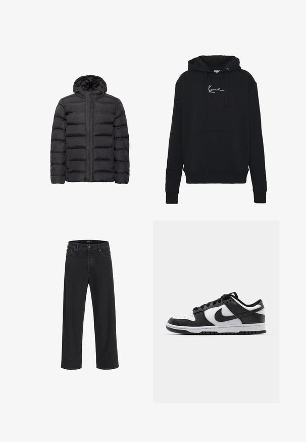 Mustat untuvatakki hupulla, jossa on quiltattu muotoilu, etuvetoketju ja sivutaskut. Valmistettu sileästä ja kevyestä materiaalista.; Mustaparta, joka on valmistettu pehmeästä kankaasta, jossa on etutasku, narut ja valkoinen logopainatus rinnassa. Klassinen malli ja ribbikupperit.; Mustat suorat farkut nappi- ja vetoketjukiinnityksellä, vyölenkeillä, sekä etu- ja takataskuilla.; Mustat ja valkoiset Nike Dunk -lenkkarit, joissa on nahkapinta, reikätty varvaspään osa, mustat nauhat ja musta kumipohja, jossa on uramalli.