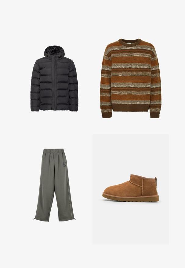 Giacca a vento nera imbottita con cappuccio, caratterizzata da un design trapuntato, chiusura frontale con zip e tasche laterali. Realizzata in materiale leggero e liscio.; Solid SDMAXWELL - Maglione - slate black; Karl Kani KK OS SIDESTRIPE - Pantaloni - grey; Stivaletto in camoscio color tan con punta rotonda, dettagli di cucitura discreti e suola in gomma texture. Altezza ridotta senza lacci.