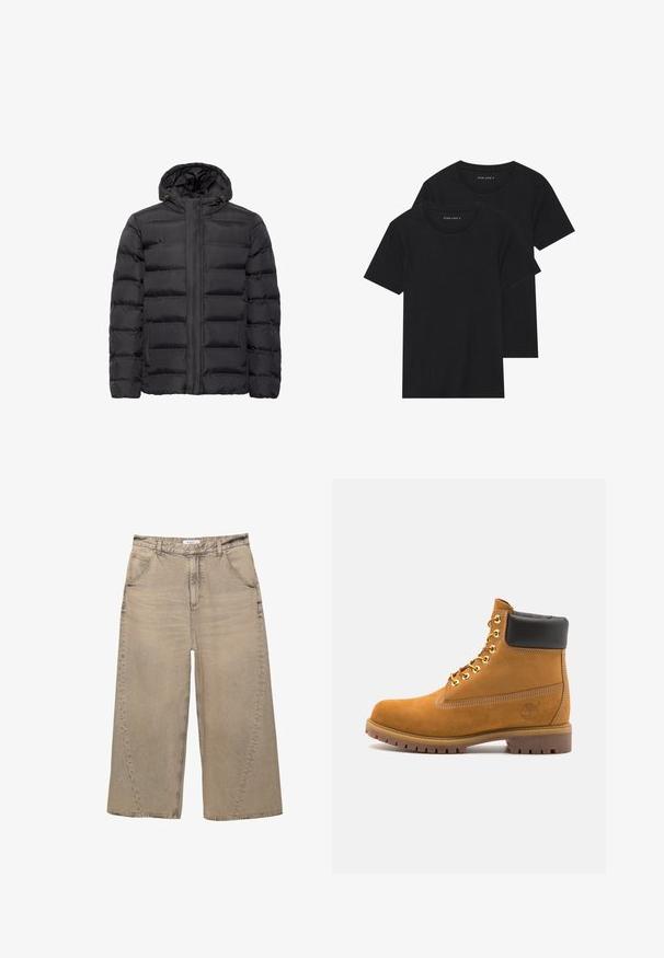 Geacă puffer neagră cu glugă, având un design matlasat, inchidere prin fermoar în față și buzunare laterale. Fabricată dintr-un material neted și ușor.; Două tricouri negre din bumbac cu mâneci scurte, cu guler rotund și o textură netedă, expuse suprapuse.; PULL&BEAR MEGA BAGGY - Blugi largi - light grey; Cizmă de gleznă din întoarsă de culoare bej, cu guler negru căptușit, ochiuri din metal auriu, detalii de cusătură albă și talpă din cauciuc robustă, cu un model pronunțat.