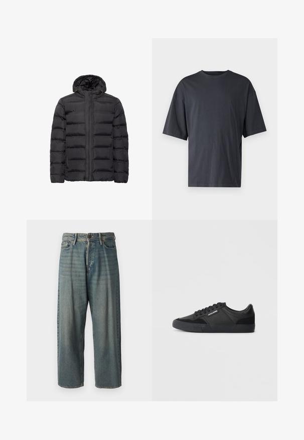 Black puffer jacket with a hood, featuring a quilted design, front zip closure, and side pockets. Made from smooth, lightweight material.; Dark gray short-sleeve t-shirt made of lightweight cotton, featuring a loose fit and classic crew neckline, with plain texture and no patterns.; Light blue denim jeans with a loose fit, mid-rise waist, and straight legs. Features five pockets, belt loops, and a button closure.; Black sneakers with a mix of leather and suede materials, featuring round laces, textured rubber sole, and a brand logo on the side.