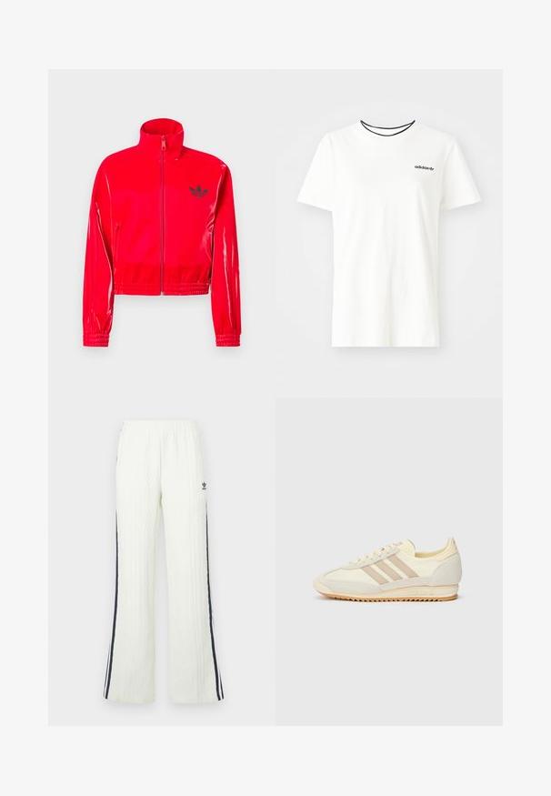 Crvena, sjajna jakna na patentni zatvarač s visokim ovratnikom. Ima elastične manžete i rub, ukrašene malim crnim logotipom na prsima.; Bijela pamučna majica kratkih rukava s okruglim izrezom. Ima crni Adidas logo na prsima i kontrastnu crnu unutrašnju ovratniku.; Svijetlo kremaste pletene hlače s kabelskim uzorkom i širokim krojem. Imaju tamnoplave bočne pruge i Adidas logo na kukovima. Elastični pojas.; Kremaste atletske tenisice s tri bež pruge, od nubuk kožne i tekstilne tkanine, s teksturiranim potplatom i utisnutim brendiranjem na peti.
