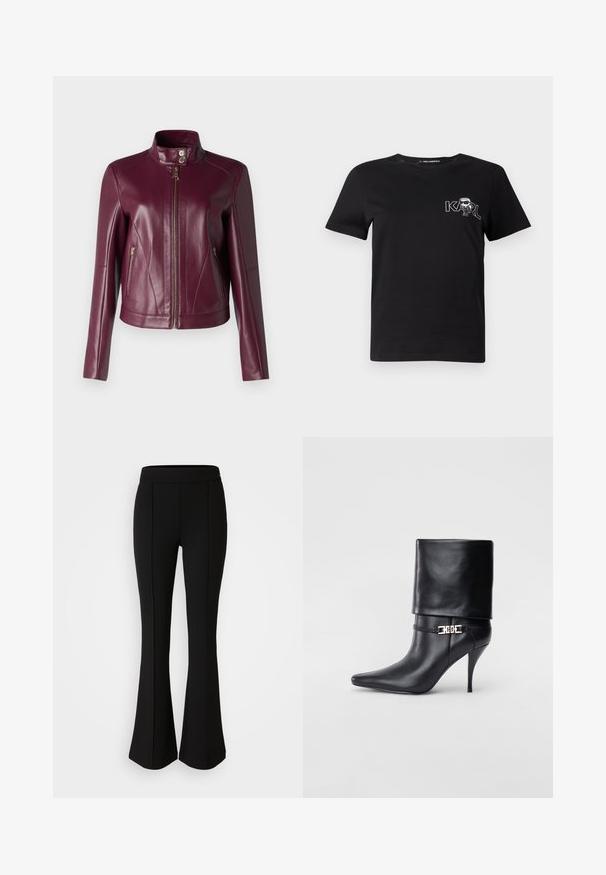 Giacca in pelle color bordeaux con colletto alto, chiusura frontale con zip e due tasche con zip per le mani. Texture liscia e design sartoriale.; T-shirt nera a maniche corte in cotone. Presenta una grafica bianca con il testo "KARL" e una figura stilizzata sul petto. Collo rotondo.; Pantaloni neri a zampa d'elefante realizzati in un materiale elastico con una texture liscia, caratterizzati da dettagli delle cuciture lungo la parte anteriore per un tocco di design in più.; Stivale ankle in pelle nera con punta affusolata, alto tacco a stiletto, risvolto sulla caviglia e un elegante dettaglio in oro con fibbia decorativa.