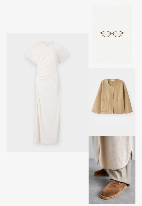 Jachetă bej dintr-un amestec de lână cu guler rotund, umeri căzuti și două buzunare frontale. Design simplu și relaxat, cu o textură netedă.; Rochie albă cu mâneci scurte, decolteu rotund și detalii de pliere laterală; țesătură fină cu o siluetă lungă până la podea.; Pantofi slip-on din suede maro, cu vârf rotund, talpă din cauciuc și detalii cu decupaj lateral, asortați cu pantaloni bej deschis, ajustați.; Ochelari cu ramă din tartan, cu lentile ovale și un finisaj elegant, neted. Prezintă margini subțiri cu o curbură subtilă la tâmple. Lentile clare.