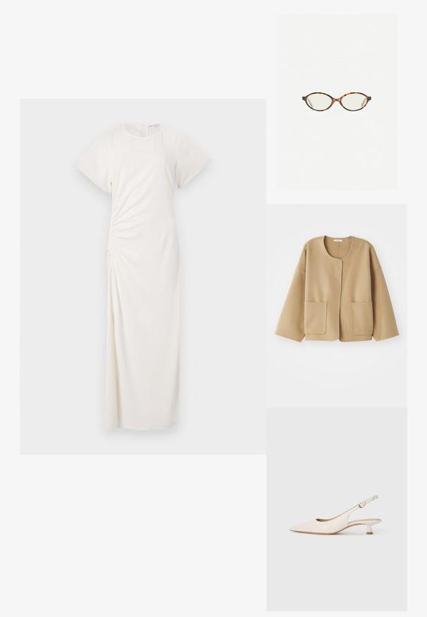 Beżowa kurtka z mieszanki wełny, z okrągłym dekoltem, opuszczonymi ramionami i dwoma przednimi kieszeniami. Prosty, luźny krój o gładkiej teksturze.; Biała sukienka z krótkimi rękawami, okrągłym dekoltem i bocznymi marszczeniami; gładki materiał w długości do podłogi.; Kremowy, spiczasty but na odkrytej pięcie z niskim obcasem w kształcie kociego pazura i złotym klamrą na jednolitym białym tle.; Okulary w kolorze tortoiseshell z owalnymi soczewkami i gładkim, eleganckim wykończeniem. Posiadają cienkie boki z delikatnym łukiem w okolicy skroni. Przezroczyste soczewki.