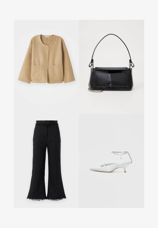 Jachetă bej dintr-un amestec de lână cu guler rotund, umeri căzuti și două buzunare frontale. Design simplu și relaxat, cu o textură netedă.; Pulover negru cu guler înalt, realizat dintr-un material moale, având accente cu nervuri la guler și la mansete, cu o croială relaxată și slituri laterale.; Pantaloni negri cu croi larg, dintr-un material texturat, cu tiv desfăcut și talie elastică. Designul are o finisare netedă și o croială lejeră.; Sabot cu toc mic ascuțit, alb, cu detaliu de curea cu strasuri la gleznă, pe un fundal simplu.; Geantă din piele patent neagră, cu o formă rectangulară, mânere din lanț și un accent distinctiv din metal în centru. Textură netedă.