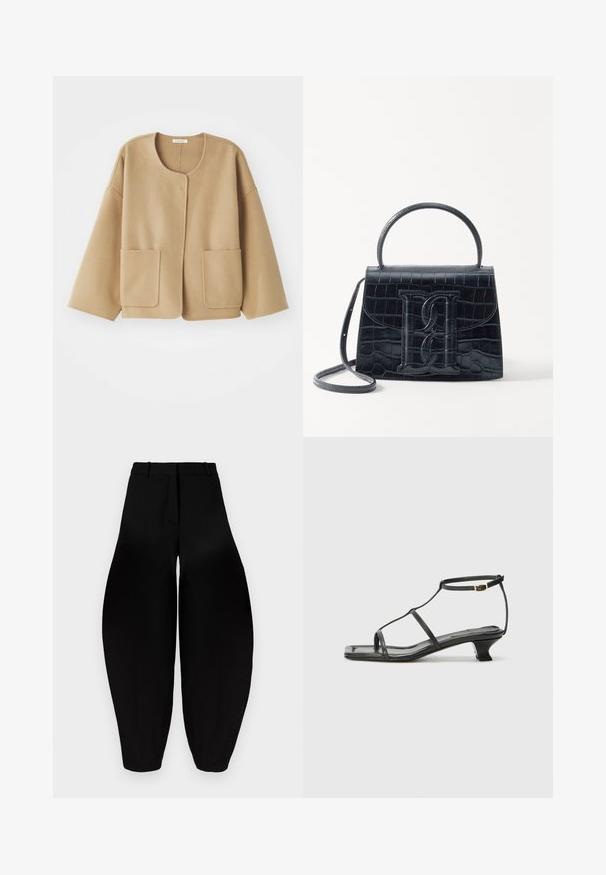 Casaco em mistura de lã beige, com gola redonda, ombros caídos e dois bolsos frontais. Design simples e relaxado com uma textura suave.; Sweater creme curto com gola alta e detalhe de laço, feito de um tecido suave. Apresenta punhos e barra em malha canelada.; Calças largas pretas com uma cintura alta, frente plissada e tornozelos afunilados. Feitas de um tecido suave com um acabamento mate.; Sandália de couro preta com biqueira quadrada, tiras finas, correia ajustável no tornozelo e um salto baixo. Possui um pequeno detalhe em ouro na tira.; Bolsa de pele preta com estampa de crocodilo, de design estruturado, com alça de mão, correia ajustável e um detalhe de logotipo em destaque na frente.
