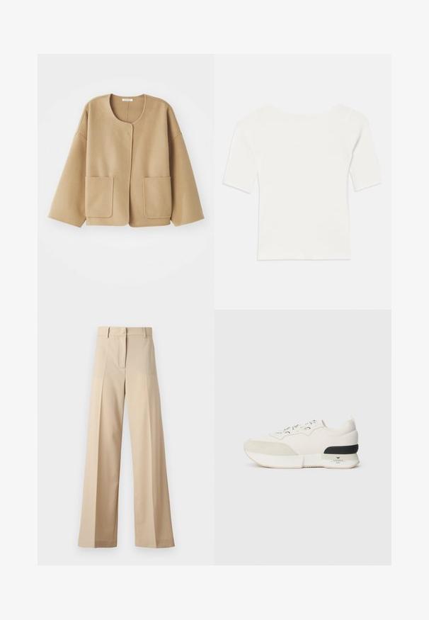 Beige, wool-blend jacket with a round neckline, dropped shoulders, and two front pockets. Simple, relaxed design with a smooth texture.; White ribbed short-sleeve top with a wide neckline. The texture features vertical stripes, emphasizing a snug fit and simple design.; Beige wide-leg trousers made of smooth fabric, featuring a flat front with pleats, a zip fly, and belt loops. Tailored fit overall.; White sneaker featuring a textured suede toe cap, smooth mesh upper, decorative laces, and a black rubber heel accent.