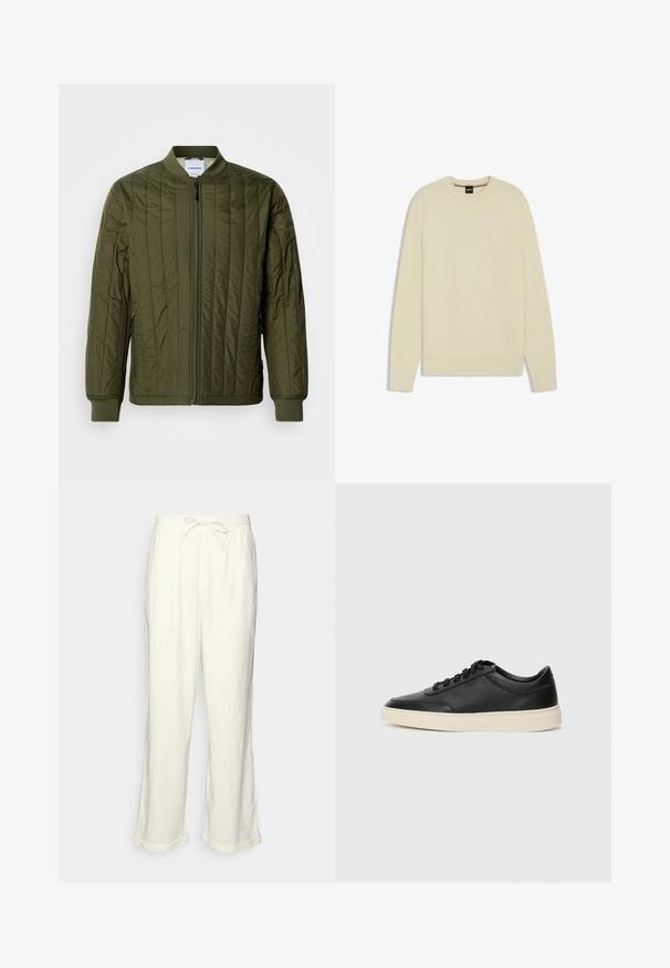 Olijfgroene, gewatteerde bomberjack met een ritssluiting aan de voorkant, ribgebreide boorden en onderrand. Beschikt over zijzakken en een klassiek kraagloos ontwerp.; Lichtbeige trui met een gestructureerd wafelbreisel, ronde hals en ribgebreide manchetten en zoom. Eenvoudige, moderne vorm zonder verdere accenten.; Linnen broek in gebroken wit met een trekkoord in de taille, iets wijde pijpen en opgerolde manchetten voor een relaxte pasvorm. Geen zakken.; Zwarte leren sneaker met lage schacht, zwarte veters en off-white zool, weergegeven in zijprofiel op een witte achtergrond.