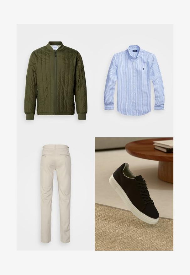 Olijfgroene, gewatteerde bomberjack met een ritssluiting aan de voorkant, ribgebreide boorden en onderrand. Beschikt over zijzakken en een klassiek kraagloos ontwerp.; Blauw-wit gestreept overhemd met lange mouwen van katoen, met een button-down kraag, knopen aan de voorkant en een klein geborduurd logo op de borst.; Beige broek met een gladde textuur, rechte snit, twee achterzakken met knopen en een standaard tailleband.; Zwarte sneaker met witte zool die boven een beige gestructureerd tapijt zweeft, nabij een ronde houten tafel met gestapelde boeken.