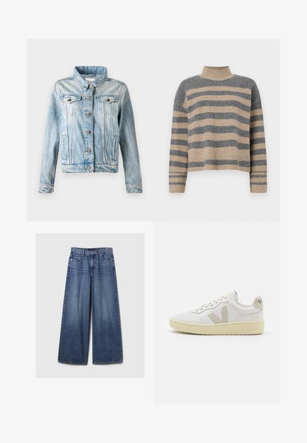 Gai zila denim jaka ar apkakli, pogu priekšpuse, diviem krūšu kabatām un sānu kabatām. Iezīmējas ar nolietotu apdari un kontrastējošu šuvumu.; Raitaināta džemperis ar pelēkajām un bežām krāsām, augstu apkakli, platām aprocēm un brīvu piegriezumu ar īsu dizainu.; Platām kājām zila denima bikses ar izbalējušu apdari, ar pogu un rāvējslēdzēju, pieciem kabatām un jostu cilpām.; Baltas ādas sporta apavu pāris ar bēšiem zamša akcentiem, caurumiņu purngalā, plakanu šņorēšanu un teksturētu krēmkrāsas zoli. Iezīmējas ar diskrētu zīmolu uz papēža.