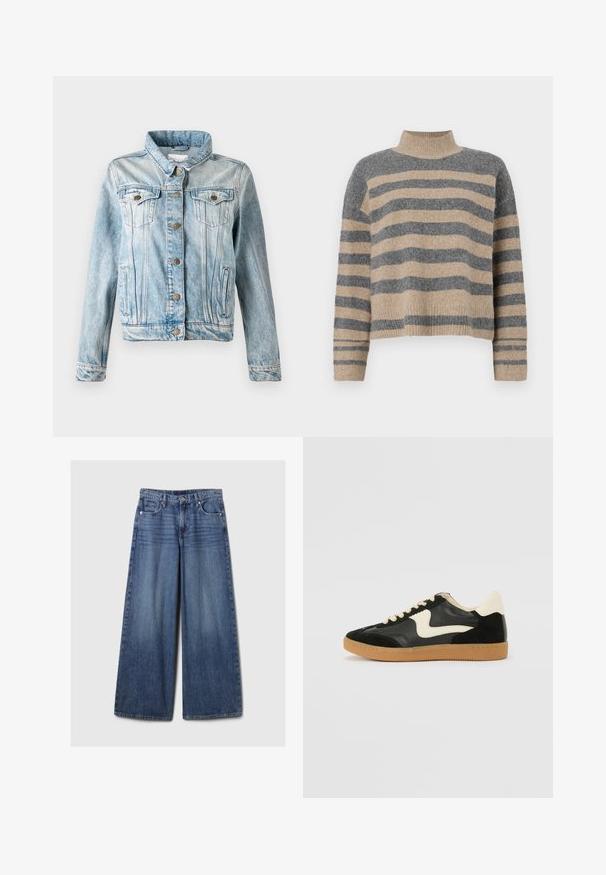 Šviesiai mėlyna džinsinė striukė su apykakle, mygtukų užsegimu, dviem krūtinės kišenėmis ir šoninėmis kišenėmis. Ypatybės: pablogintas paviršius ir kontrastingos siūlės.; Dryžuotas mezginys su pilkos ir smėlio spalvomis, aukštu kaklu, plačiomis rankovėmis su atvartais ir laisvu siluetu, trumpesnio ilgio.; Platus mėlynos džinsinės kelnės su išblukusiu paviršiumi, su mygtukų ir užtrauktuko uždarymu, penkiomis kišenėmis ir diržo kilpomis.; Juodos zomšo ir odos sportinės bateliai su kreminiu šoniniu swoosh ir šviesiai kreminiu kulnu. Ypatybės - smėlio spalvos raišteliai ir guminis padas.