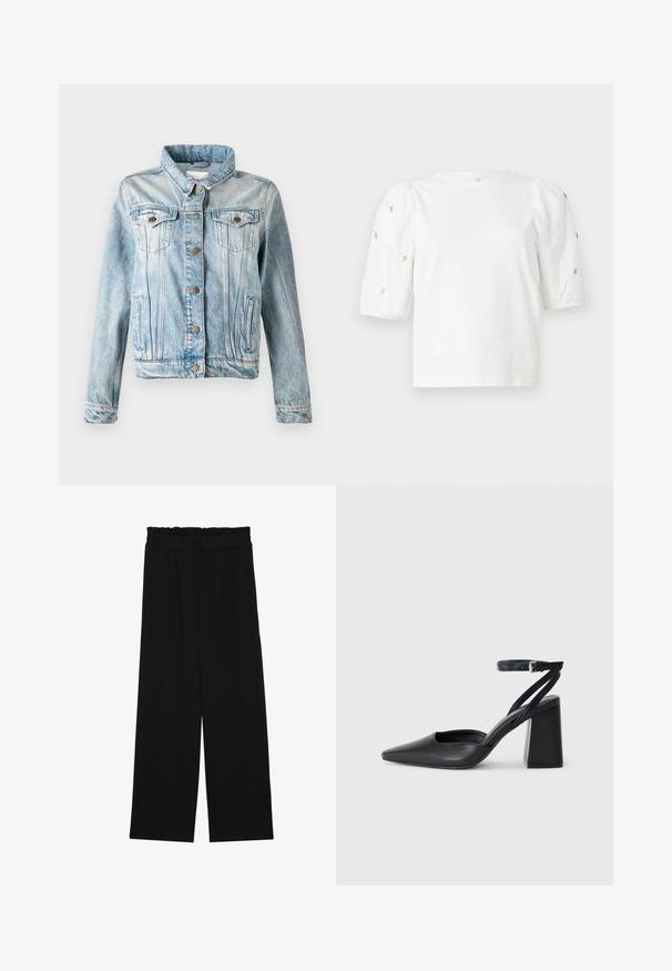 Lyseblå denimjakke med krage, knappestolpe, to brystlommer og sidelommer. Har en falmet finish og kontrasterende søm.; Hvit bomull T-skjorte med korte pufferm, med små sølvdekorasjoner langs ermene. Klassisk rund hals, avslappet passform.; Svarte vide bukser med rynket liv, med to sidelommer og et glatt, lett stoff. Ingen synlige mønstre eller metalldeler.; Svart lær pumps med spiss tå, ankelrem og kraftig hæl. Flat tekstur, strømlinjeformet design og minimalisme.