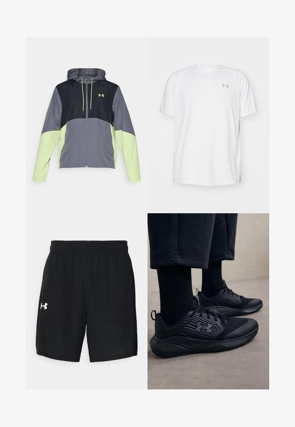 Under Armour LEGACY  - Veste coupe-vent - castlerock/morph green; T-shirt de sport à manches courtes de couleur blanche, fabriqué en tissu lisse. Il présente un col rond et un logo gris sur la poitrine gauche, avec des fentes sur les côtés au niveau de l'ourlet.; Shorts de sport noirs en tissu léger, dotés d'une taille élastique et d'un logo blanc sur le côté gauche.; Personne portant des baskets de sport noires avec des côtés texturés et un logo, associées à des chaussettes noires et un pantalon court sur un sol clair.