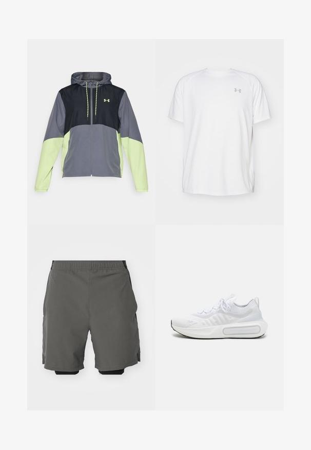 Under Armour LEGACY  - Giacca a vento - castlerock/morph green; Maglietta da ginnastica bianca a maniche corte realizzata in tessuto liscio. Presenta un colletto rotondo e un logo grigio sul lato sinistro del petto, con fessure laterali all'orlo.; Pantaloni corti sportivi grigi realizzati in un tessuto liscio e leggero, con una vita elastica, dotati di pantaloni interni compressivi e tasche laterali.; Scarpa atletica bianca con tomaia in maglia texturizzata, chiusura con lacci, suola ammortizzata e un particolare dettaglio di branding sul lato.