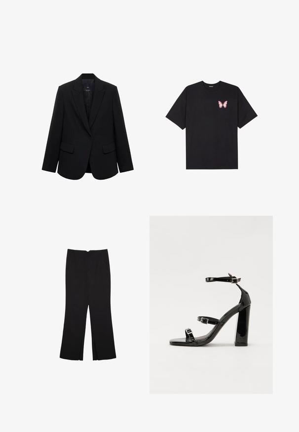 Musta bleiseri, joka on valmistettu sileästä kankaasta, jossa on viistetty kaulus, yksinkertainen nappi kiinnitys ja kaksi etutaskua, joissa on rakenteellinen istuvuus.; Musta puuvillapaita lyhyillä hihoilla, jossa on pieni vaaleanpunainen perhosgrafiikka vasemmassa rinnassa. Pyöreä kaula-aukko ja rento istuvuus.; Mustat housut suoralinjaisella leikkauksella, joissa on etutaskut ja sivurei'ät helman alla. Valmistettu pehmeästä ja sileästä kankaasta. Sopii eri tilaisuuksiin.; Musta kiiltävä korkokenkä sandaalit neliönmuotoisella varpaalla, nilkkaremmillä ja hopeisilla soljilla. Varustettu tukevalla lohkokorkealla vakauden takaamiseksi.