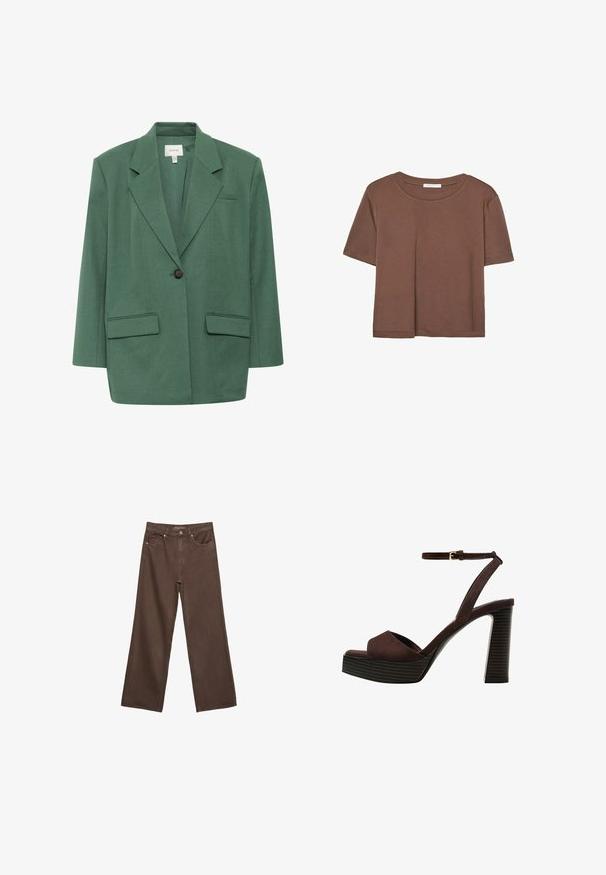 Gestuz CALLIA - Kort kappa / rock - posy green melange; Brun kortärmad t-shirt i mjukt tyg, med rund halsringning och avslappnad passform. Inga synliga mönster eller detaljer.; Breda bruna jeans i denim med hög midja, framfickor och klassisk knäppning. Slät textur med subtil sömnad.; Bruna mocka högklackade sandaler med öppen tå, justerbar vristrem och en randig plattformssula.