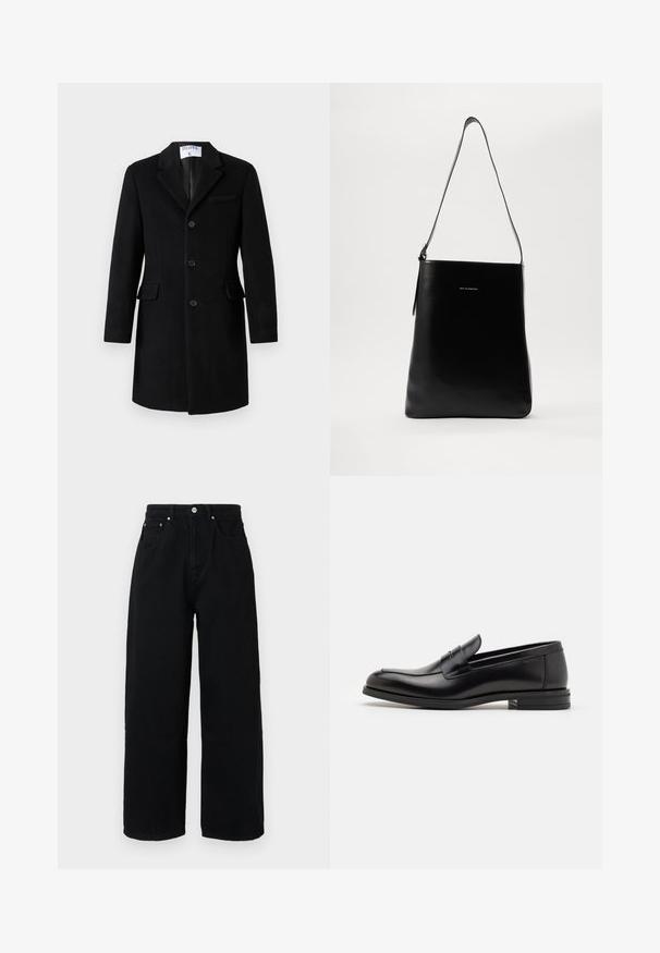 Schwarzer, einreihiger Wollmantel mit Reverskragen, drei Knöpfen, zwei aufgesetzten Taschen und einer Brusttasche, die vor einem weißen Hintergrund hängt.; Dunkelgrauer Strickpullover mit rundem Halsausschnitt, langen Ärmeln und einer glatten Textur. Einfaches Design, keine sichtbaren Muster oder Hardwaredetails.; Schwarze Baumwoll-Hosen mit weitem Bein, hoher Taille, Fronttaschen, silberfarbenem Knopf und sauberem Saum.; Schwarze Lederloafers mit glatter Textur, rundem Zehenbereich und einem dekorativen Riemen über dem Vorderfuß. Niedriger, gestapelter Absatz, minimalistisches Design.; Schwarze Leder-Schultertasche mit glatter Textur, rechteckiger Form und langem Trageriemen; verfügt über ein kleines weißes Logo in der Mitte.