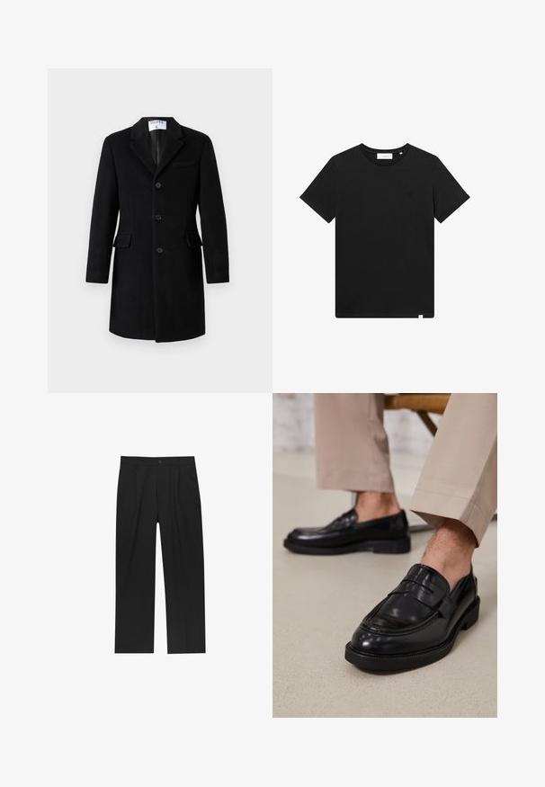 Svart ensartad ullkappa med spetsiga slag, tre knappar, två ficklock och en bröstficka, hängande mot en vit bakgrund.; Svart kortärmad T-shirt i bomull, med rund hals och en liten logotyp broderad på bröstet. Slät textur, standard passform.; Svarta byxor med rak ben-design, tillverkade av ett jämnt tyg. Har framfickor och en enkel knapplåsning i midjan.; Svarta läder loafers med en slät finish, prydda med en dekorativ rem och kontrastsöm, tillsammans med beiga byxor.