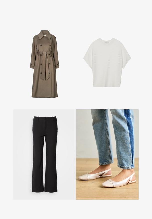 mbyM ODONNA - Trenci - fossil brown; Tricou alb cu mânecă scurtă, cu guler larg și model texturat cu dungi, realizat dintr-un material moale, având o croială lejeră și un design curat.; Pantaloni negri dintr-un amestec de bumbac, cu un design drept, închidere frontală cu buton și două buzunare laterale. Textură netedă, fără modele vizibile.; Sandalete plate de un roz pal cu vârf ascuțit, realizate dintr-un material asemănător pielii, neted. Prezintă detalii decupate pe laterale și un toc plat.