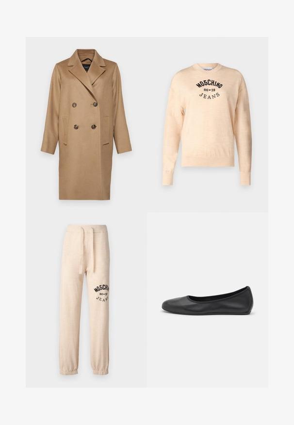 Beige, doppelt gefütterter Mantel aus weichem Wollmix, mit Reverskragen, zwei Fronttaschen und großen dunklen Knöpfen.; Helles beiges Sweatshirt aus weichem Strick, mit rundem Halsauschnitt, langen Ärmeln und einem schwarzen gestickten Logo mit dem Text "Moschino Jeans."; Beige Jogginghose mit elastischen Bündchen und Bund. Auf dem linken Oberschenkel befindet sich ein schwarzes Drucklogo "MOSCHINO 86 ❤ 23 JEANS". Weicher Stoff.; Schwarze Leder-Ballettschuhe mit abgerundeter Spitze, glatter Textur, minimalen Nähdetails und einem flexiblen Sohlen-Design.