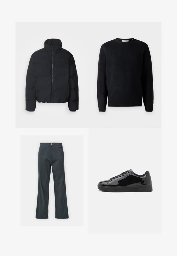 Casaco puffer preto com colarinho alto, fecho frontal e punhos elásticos. Apresenta um design acolchoado com um acabamento suave. Branding mínimo visível.; Sweater de malha preta com decote redondo, mangas longas e textura canelada. Apresenta linhas limpas e um corte clássico para versatilidade.; Calças pretas com corte reto, feitas de um tecido em mistura de algodão. Apresenta um fecho com botão metálico e bolsos laterais. Sem padrões visíveis.; Ténis pretos em couro brilhante com bico redondo, sola plana de borracha e atacadores pretos. Superfície superior lisa e brilhante.