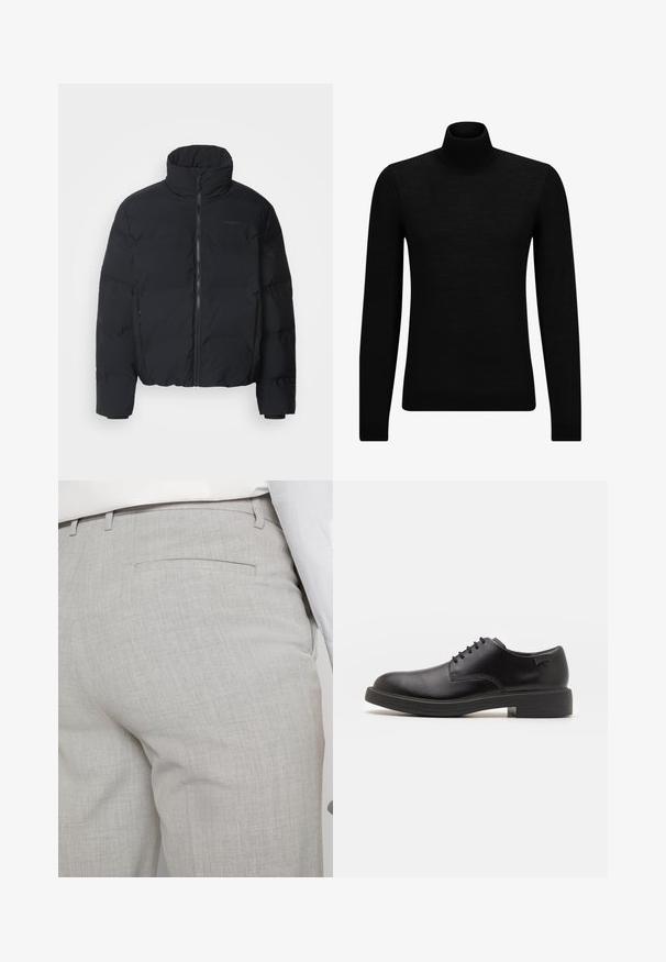 Črna puhovka z visokim ovratnikom, sprednjim zadrgo in elastičnimi manšeti. Ima prešito zasnovo z gladkim zaključkom. Minimalno označevanje vidno.; Črna turtleneck pulover iz mehkega materiala, z dolgimi rokavi in tesnim prileganjem. R ibana obroba na robu in rokavih. Preprosta zasnova.; Svetlo sive hlače po meri iz teksturirane tkanine, z enim zadnjim žepom in čistim šivom.; Črne usnjene čipkaste čevlje z zaobljenim nosom, gladko teksturo, minimalnim šitjem in nizkim gumijastim peto. Logo na peti.