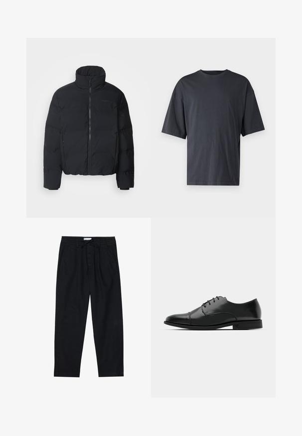 Svart dunjakke med høy krage, frontglidelås og elastiсke mansjetter. Har et quiltet design med en jevn finish. Minimalt med branding synlig.; Mørk grå kortermet t-skjorte laget av lett bomull, med løs passform og klassisk rund hals, med ensartet tekstur og uten mønstre.; Pier One Chinos - black; Svart skinn dressko med avrundet tå, snøring, subtile sømdetaljer og lav hæl. Glatt tekstur med polert finish.