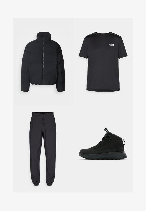 Svart dunjakke med høy krage, frontglidelås og elastiсke mansjetter. Har et quiltet design med en jevn finish. Minimalt med branding synlig.; Svart kortermet T-skjorte laget av lett materiale. Har en liten hvit logo på venstre bryst og subtile skulderdetaljer.; Sorte idrettsbukser laget av lett stoff, med snor i livet, sidelommer og smale mansjetter ved anklene.; Svarte mid-cut tursko med teksturert stoffoverdel, forsterket tåhette, sikker snøresystem og polstret såle for grep.
