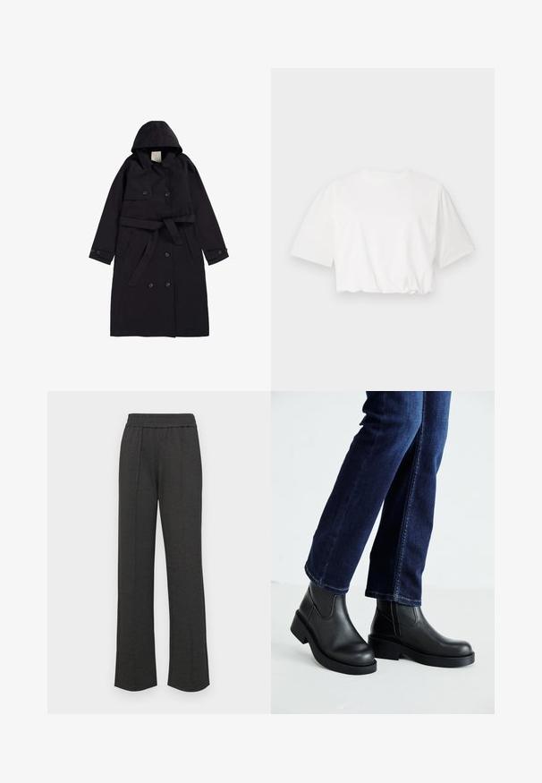 Palton negru dintr-un material neted, cu glugă, față dublu cusută cu nasturi negri și o curea asortată.; Tricou alb scurt, cu mâneci scurte tip puff, decolteu rotund și tiv strâns, realizat dintr-un material de bumbac moale.; Pantaloni negri cu croi drept, cu un tiv elastic, pliseuri frontale, material moale și fără modele sau detalii de metal vizibile.; Bocanci negri din piele cu tălpi groase și panouri elastice pe laterale, asortați cu blugi de culoare bleumarin. Solul este de culoare deschisă.