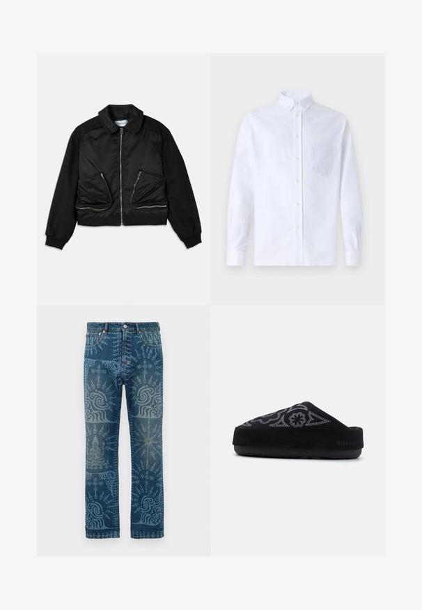 Black bomber jacket with a zip front, fabric contrasting sleeves, and two large zippered pockets on the front. Smooth, shiny texture.; White long-sleeve button-up shirt made of cotton, featuring a chest pocket with tonal embroidery, a collar, and button cuffs.; Denim jeans in a medium blue wash, featuring intricate light blue patterns, straight leg design, classic five-pocket style, and button closure.; Black suede slip-on shoe with embroidered design, rounded toe, thick sole, and the text "MOON BOOT" on the heel. Textured surface.