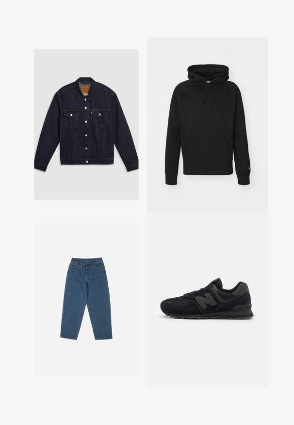 Tumesinine teksajakk hõbedaste nuppudega, kahe rinnatasku, küljetaskud ja kontrastset kollast õmblust. Klassikaline krae ja sirge lõige.; Must mustrõiv pehmes kangas, millel on eespool tasku, reguleeritav nöör ja soonikkoes mansetid. Sile tekstuur minimaalse detailiga.; Sinised teksased, mis on lõdva lõikega, kõrge vöökohaga, viie tasku disainiga ja õmblusaktsentidega. Omab nupuga ja tõmblukuga sulgemist.; Mustad musta sametist ja võrkkangast sportjalatsid, millel on tekstuuriga ülapind, pehme krae, lapik pael ja hall logo aktsent külgedel.