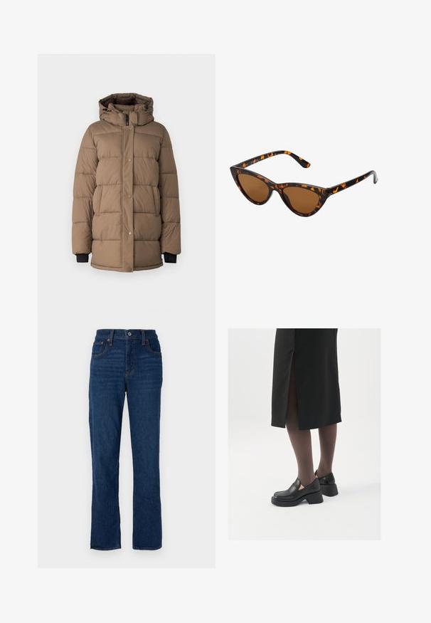 Smeđi kaput s punjenjem i kapuljačom, s prednjim zatvaračem i zakovicama, bočnim džepovima i crnim akcentima na manžetama. Mekana tekstura i kviltani dizajn.; Tirkizna dukserica s kapuljačom i vezicom, dugim rukavima i rebrastim manžetama. Izrađena od mekog materijala s opuštenim fitom.; Tamno plave traperice ravnog kroja s pet džepova, narančastim koncem i kopčanjem na pojasu.; Crne kožne cipele s zaobljenim vrhom, debelim blok petama i elastičnim bočnim detaljima, uparene s tamnim čarapama i crnom suknjom s prorezom.; Sunglasses u obliku mačjih očiju s okvirom u crno-narančastom kornjačevom uzorku, smešnim lećama i elegatnim, šiljastim vrhovima. Sadrži minimalni logo na dršci.; Srebrne naušnice s obručima i uvijenim dizajnom, s poliranim završetkom i pričvršćivanjem na stražnjoj strani. Mjere otprilike 3 cm u promjeru.