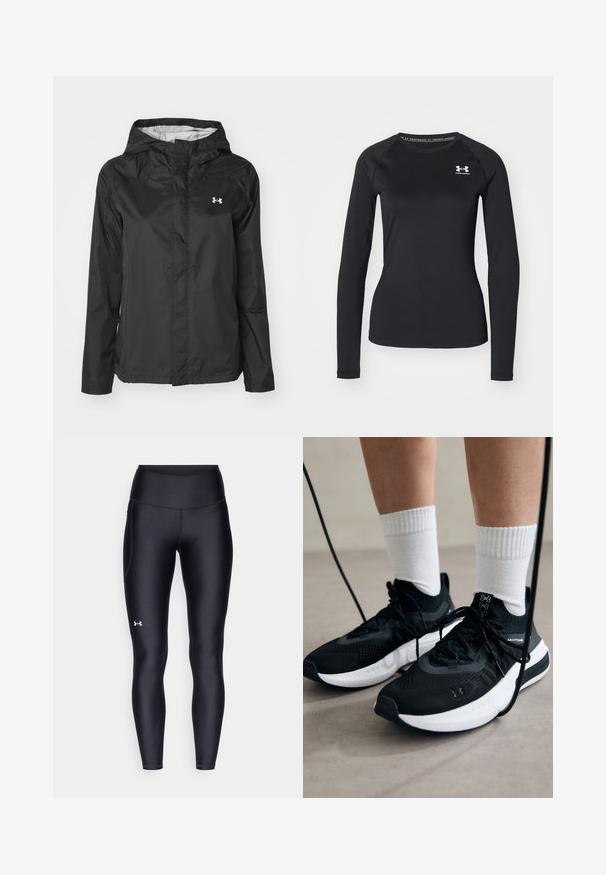 Melna lietus jakas izgatavota no ūdensnecaurlaidīga materiāla. Ar kapuci, priekšējo rāvējslēdzeju un mazu baltu logo augšējā kreisajā pusē.; Melna garām piedurknēm sporta krekls, izgatavots no izlīdzinātas auduma, ar apaļu kakla izgriezumu un mazu baltu logotipu kreisajā krūtī.; Melnas leginses, kas izgatavotas no gluda, elastīga materiāla ar augstām jostām. Ir balta logo kreisajā augšstilbā un pieguļoša piegriezuma dizains.; Melni sporta apavi ar strukturētu audumu, balta zole un melni šņores. Valkāti ar baltām ribotām zeķēm, stāvot uz gaišas virsmas.