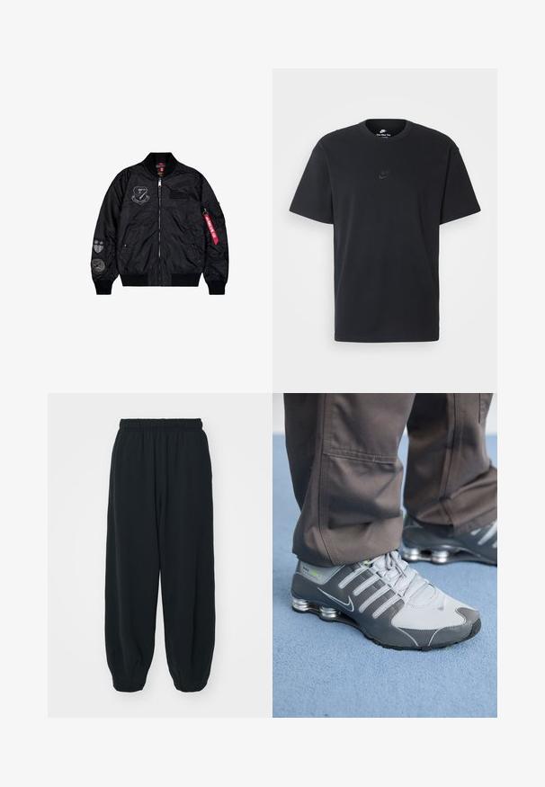 Melna bomber jakna, kas izgatavota no gludas neilona. Izturīga ar rāvējslēdzēja aizdari, ribotiem piedurknēm un vairākiem uzklājumā uz piedurknēm papildu detaļu dēļ.; Nike melns kokvilnas T-krekls ar klasisku piegriezumu, īsām piedurknēm un smalku, reljefu logotipu uz krūškurvja. Gluda tekstūra.; Melnas sporta bikses ar elastīgu jostasvietu, brīvu piegriezumu, aprocēm ap potītēm, gludu tekstūru, un bez redzamām rakstu vai aparatūras akcentiem.; Pelēki un sudraba Nike Shox sporta apavi izceļas ar elegantu dizainu, izmantojot acu un sintētiskos materiālus, apaļu purngalu un mīkstinātu apkakli.