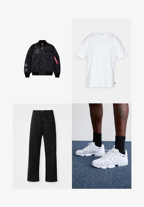 Črna bomberska jakna iz gladkega najlona. Ima zadrgo, reberaste manšete in več aplikacij na rokavih za dodaten detajl.; Bela bomba iz bombaža s kratkimi rokavi in okroglo ovratnikom. Ima majhen, diskreten Nike logotip na prsih in stranski etiket.; Črni kavbojki z ravnim krojem, ki imajo sprednje žepke, zadrgo in en zgornji gumb. Teksturovan material z mat zaključkom.; Bela športna obutev z mrežasto zgornjim delom, teksturiranimi detajli in oblazinjenim podplatom. V kombinaciji s črnimi rebrastimi gležnjarji na modri preprogi.