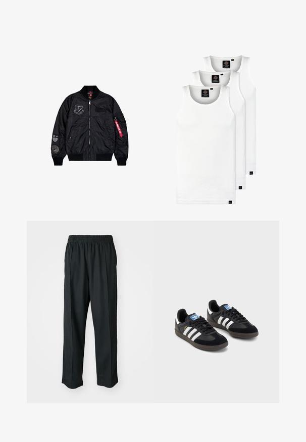 Jacket bomber preta feita de nylon liso. Apresenta um fecho de correr, punhos canelados e múltiplos remendos nas mangas para um detalhe adicional.; Três tops em algodão de alças brancas com nervuras. Apresentam um decote redondo e pequenas etiquetas pretas perto da bainha. Disponíveis em vários tamanhos.; Calças atléticas pretas com um cós elástico, feitas de tecido suave, com costuras laterais discretas e um ajuste descontraído, design de perna reta.; Sneakers pretos com parte superior em camurça e sintético, apresentando três riscas brancas, sola de borracha texturizada e etiqueta azul no linguete.