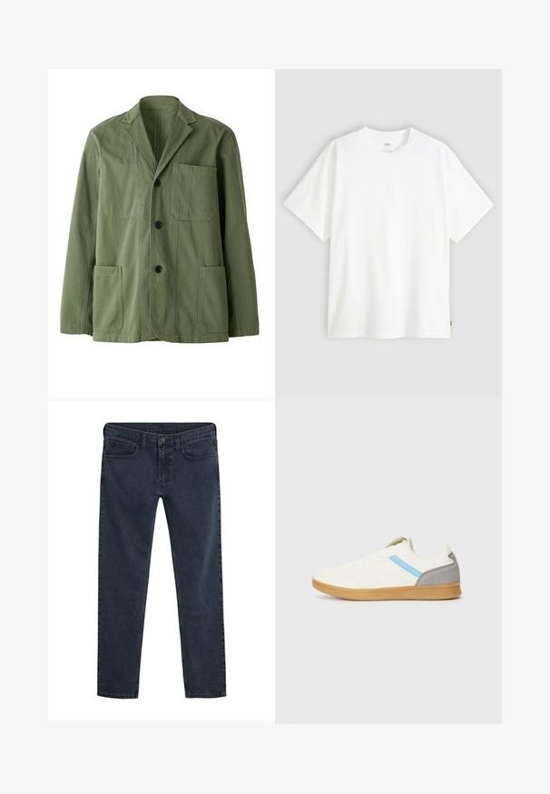 Olive green jacket made of cotton with a soft texture. Features a notched lapel, three front pockets, and button closure.; White short-sleeve t-shirt made of cotton with a crew neck. Features subtle embossed logo detail on the front and a red label at the hem.; Dark blue denim jeans with a slim fit, five-pocket design, button closure, and a subtle distressed texture throughout the fabric.; Sneakers with a cream upper, blue side stripe, and gray heel accent. Features a textured design and gum rubber sole.