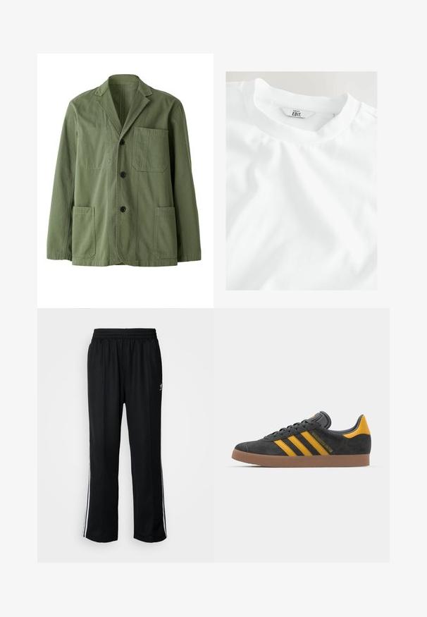 Olivově zelená bunda vyrobená z bavlny s jemnou texturou. Má klopený límec, tři přední kapsy a zapínání na knoflíky.; Bílý tričko s výstřihem a štítkem s nápisem „NEXT EDIT.“ na světlém pozadí.; Černé sportovní kalhoty s elastickým pasem, s bílými bočními pruhy a malým logem. Materiál vypadá měkce a lehce.; Černé semišové tenisky se žlutými akcenty, vybavené třemi pruhy a hnědou gumovou podrážkou. Obsahují polstrovaný jazyk pro pohodlí.