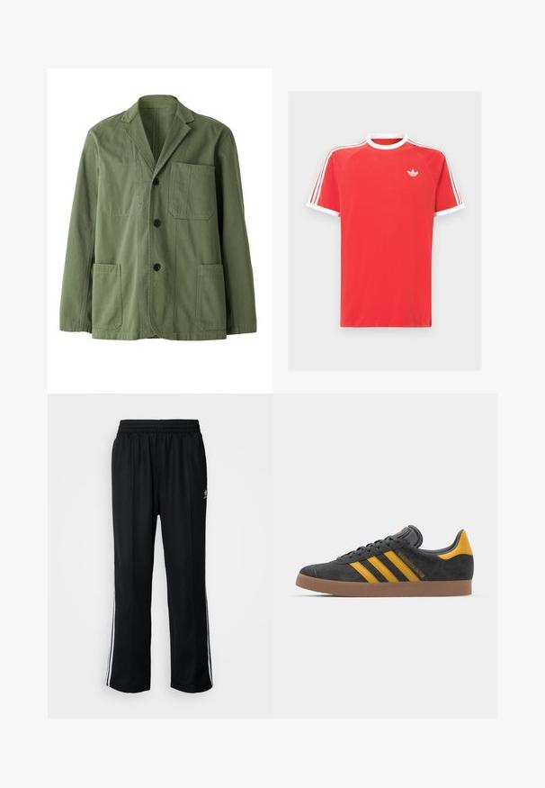 Casaco verde oliva feito de algodão com uma textura suave. Apresenta lapela engomada, três bolsos frontais e fecho com botão.; T-shirt de algodão vermelho com gola e acabamentos das mangas brancos. Apresenta um design de três riscas brancas nos ombros e um pequeno logótipo branco no peito.; Calças atléticas pretas com um cós elástico, apresentando riscas brancas laterais e um pequeno logótipo. O material parece macio e leve.; Tenis em camurça preta com detalhes amarelos, apresentando três riscas e uma sola de borracha castanha. Inclui uma língua acolchoada para maior conforto.
