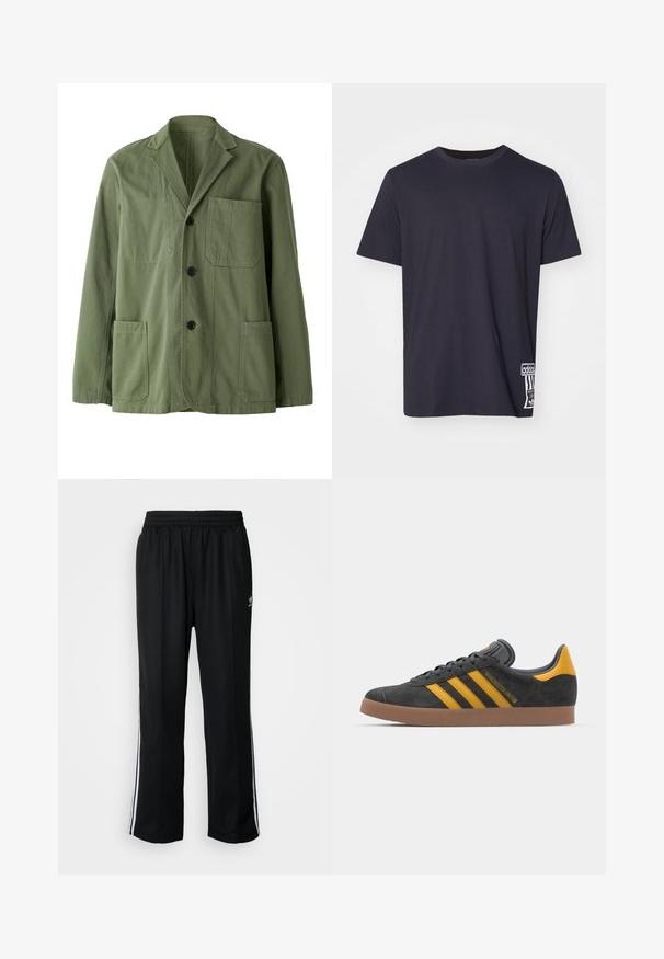 Olive green jacket made of cotton with a soft texture. Features a notched lapel, three front pockets, and button closure.; Black cotton t-shirt with a crew neckline, short sleeves, and a white logo patch on the lower side. Smooth texture, regular fit.; Black athletic pants with an elastic waistband, featuring white side stripes and a small logo. Material appears soft and lightweight.; Black suede sneaker with yellow accents, featuring three stripes and a brown rubber sole. Includes a padded tongue for comfort.