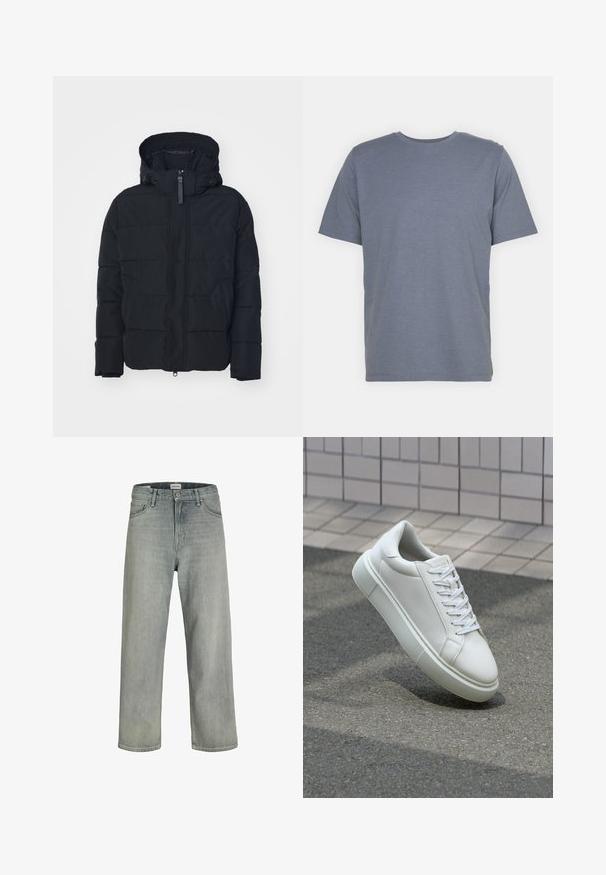 Chaqueta de plumas negra con cierre frontal de cremallera, capucha y patrón acolchado horizontal. Cuenta con cordones ajustables y puños elásticos.; Camiseta gris de manga corta con cuello redondo, hecha de una suave mezcla de algodón. Diseño simple, sin patrones ni acentos.; Vaqueros de mezclilla de un gris claro y corte holgado. Presentan un diseño clásico de cinco bolsillos, pasadores de cinturón y una silueta de pierna recta.; Zapatilla de cuero blanca con una superficie lisa, punta redonda y cordones blancos planos. Presenta una suela de goma texturizada y elementos de diseño mínimos.
