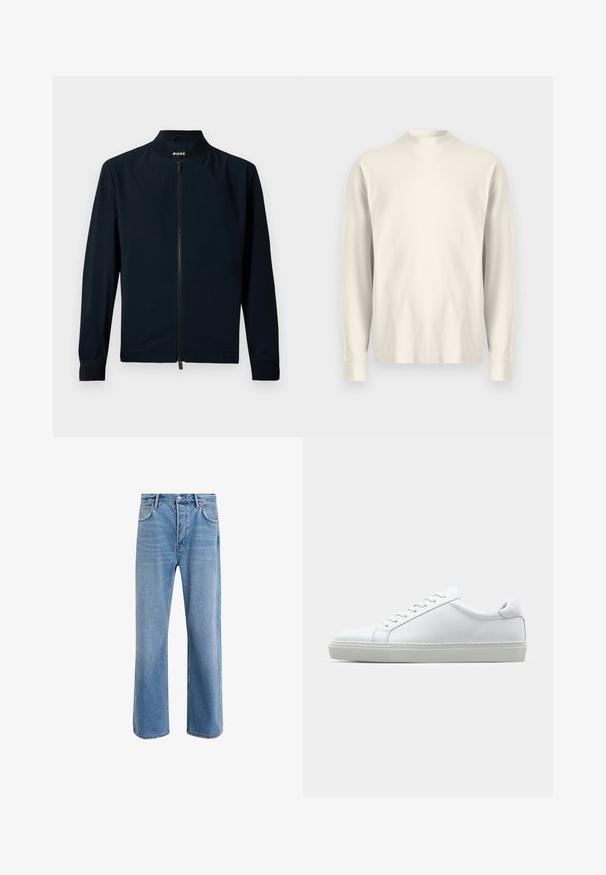 Marinblå bomberjacka tillverkad av slät tyg, med dragkedja framtill, ståkrage och ribbade muddarna, i en minimalistisk design.; Långärmad tröja med hög krage i ljus gräddfärgad bomull. Slät struktur, avslappnad passform, minimalistisk design, utan synliga mönster eller detaljer.; Ljust blå denimjeans med rak passform, fem fickor, knappstängning, minimal blekning och kontrasterande sömdetaljer.; Vit sneaker med en slät läderövre och låg profil. Har en rundad tå, sex snörhål och en strukturerad gummisula.