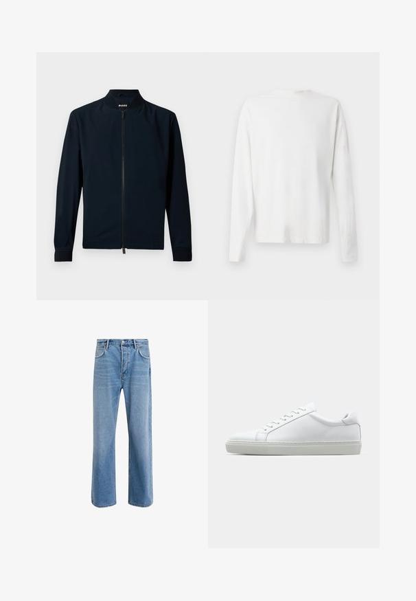 Casaco bomber azul marinho feito de tecido suave, com fecho éclair na frente, gola alta e punhos canelados, apresentando um design minimalista.; Camisa de algodão branca de mangas longas com decote redondo, fendas laterais na parte inferior e uma textura suave, mostrada de trás.; Calças de ganga azul claro com um design de perna reta, cinco bolsos, fecho de botão, desgaste mínimo e detalhes de costura em contraste.; Sapatilha branca com um cabedal em couro liso e de perfil baixo. Apresenta um bico redondo, seis ilhoses e uma sola de borracha texturizada.