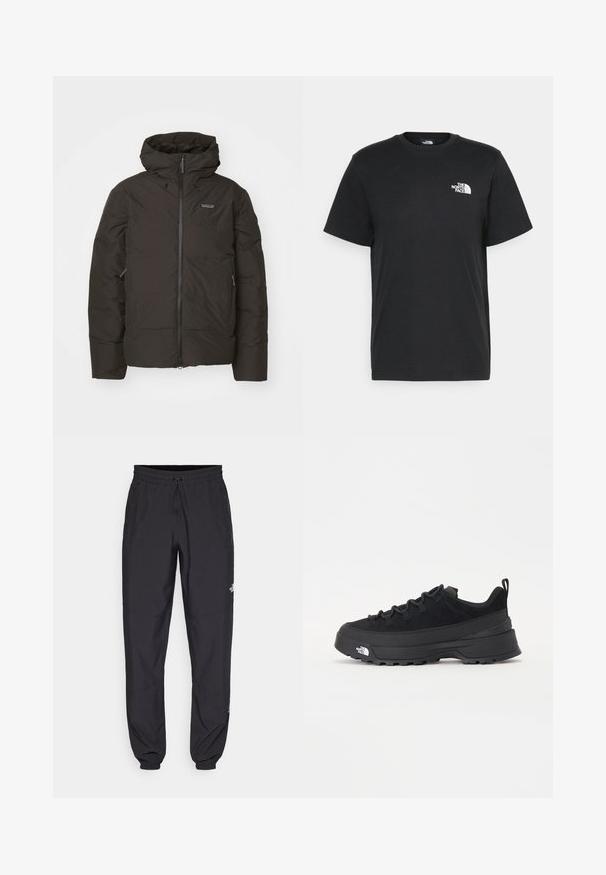 Black puffer jacket with a zip front, drawstring hood, and side pockets. Smooth texture and lightweight design for warmth.; Black cotton t-shirt with short sleeves, crew neck, and a small white logo on the left chest. Simple design, smooth texture, and relaxed fit.; Black athletic pants made from lightweight fabric, featuring a drawstring waistband, side pockets, and tapered cuffs at the ankles.; Black outdoor sneaker with a suede upper, textured rubber sole, and sturdy lacing system. Features a reinforced heel and brand logo on the side.