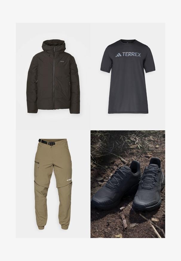 Casaco puffer preto com fecho à frente, capuz ajustável e bolsos laterais. Textura suave e design leve para aquecimento.; Camiseta preta de manga curta feita de tecido leve, com o logótipo cinza-claro "TERREX" atravessando o peito e um decote redondo.; Calças de exterior em caqui com um cinto preto ajustável, bolsos com fecho, punhos ajustados e pernas inferiores destacáveis para um estilo versátil.; Sapatilhas atléticas pretas com um cabedal de malha texturizada, biqueira reforçada e sola acolchoada, expostas sobre um solo terroso com ramos espalhados.