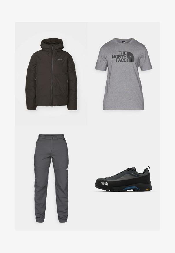 Mustat puffatakki, jossa on vetoketju edessä, kiristettävä huppu ja sivutaskut. Sileä pinta ja kevyt muotoilu tarjoavat lämpöä.; Lyhythihainen harmaa t-paita, joka on valmistettu puuvillasekoitteesta. Etupuolella on musta graafinen printti, jossa lukee "THE NORTH FACE", sekä kaareva logotyyli.; Harmaat ulkopantterit, jotka on valmistettu kestävästä kankaasta. Niissä on napin suljenta, vyölenkit ja logo lähempänä alavartta.; The North Face VERTO ALPINE GORE TEX - Vaelluskengät - asphalt grey/tnf black