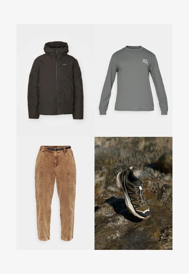 Black puffer jacket with a zip front, drawstring hood, and side pockets. Smooth texture and lightweight design for warmth.; Long-sleeve shirt in gray fabric, featuring a crew neck and a white graphic logo on the left chest. Smooth texture and simple design.; Brown corduroy pants with a textured surface, featuring a black adjustable belt, side pockets, and a relaxed fit. Pants taper toward the ankles.; Hiking shoe in olive green and black with pink accents. Features a textured upper, flexible sole, reinforced toe cap, and colorful lacing system.